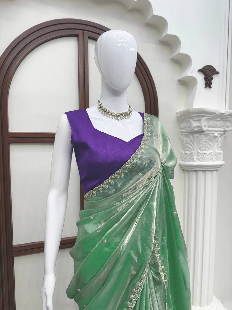 Sea green fendy silk thread & sequence work designer saree with unstitched banglory blouse