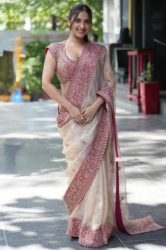 Off white glass organza silk thread & sequence embroidered saree with mono benglori silk unstitched blouse