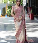 Off white glass organza silk thread & sequence embroidered saree with mono benglori silk unstitched blouse