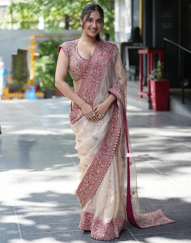 Off white glass organza silk thread & sequence embroidered saree with mono benglori silk unstitched blouse