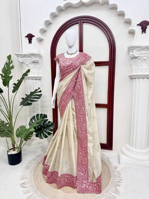 Off white glass organza silk thread & sequence embroidered saree with mono benglori silk unstitched blouse 3