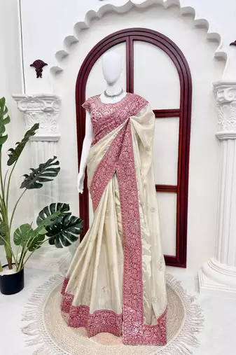 Off white glass organza silk thread & sequence embroidered saree with mono benglori silk unstitched blouse