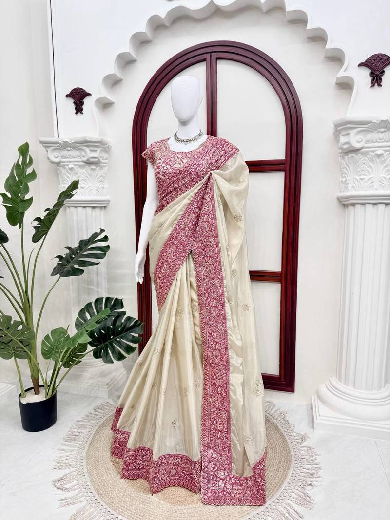 Off white glass organza silk thread & sequence embroidered saree with mono benglori silk unstitched blouse