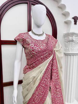 Off white glass organza silk thread & sequence embroidered saree with mono benglori silk unstitched blouse 4
