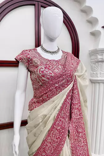 Off white glass organza silk thread & sequence embroidered saree with mono benglori silk unstitched blouse