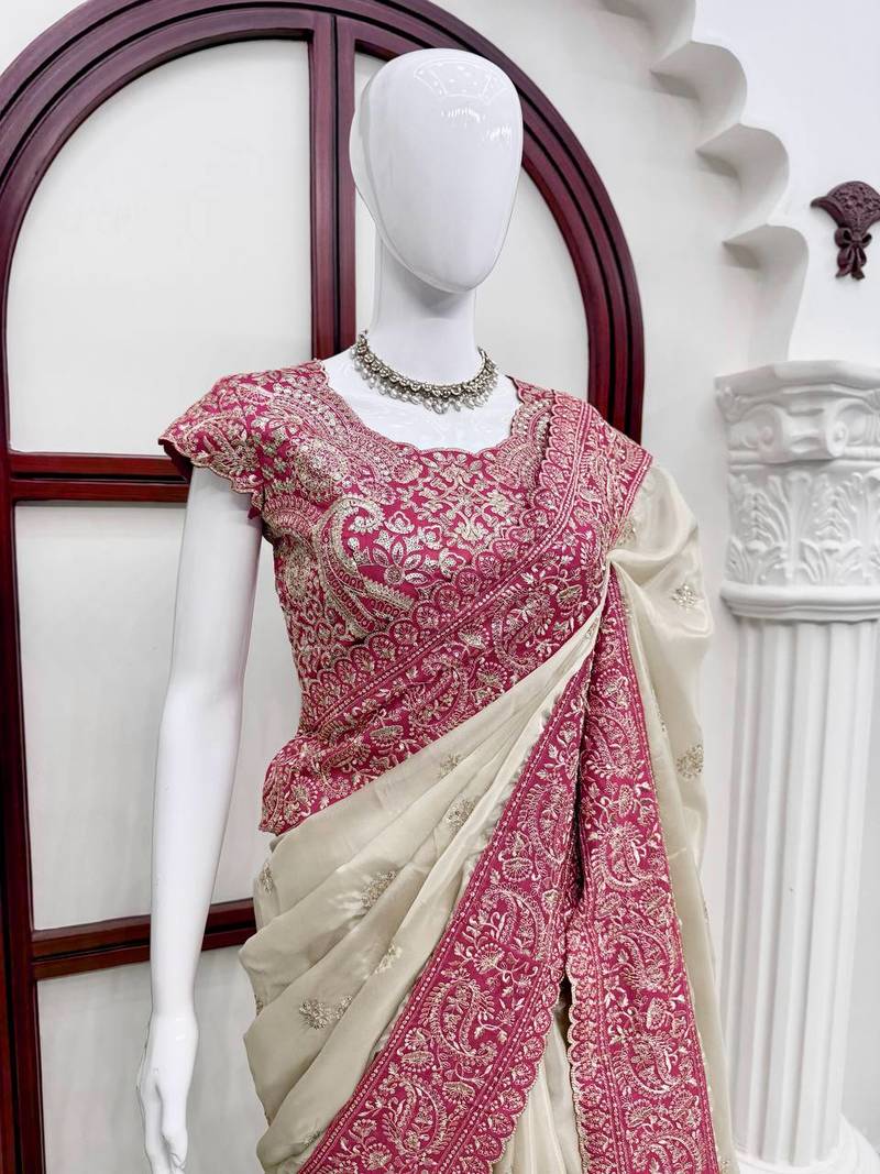 Off white glass organza silk thread & sequence embroidered saree with mono benglori silk unstitched blouse