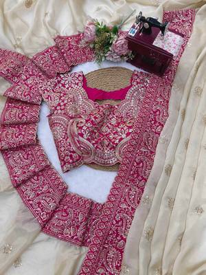 Off white glass organza silk thread & sequence embroidered saree with mono benglori silk unstitched blouse 5