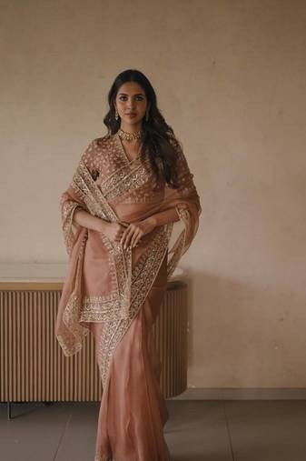 Dusty rose tibby silk thread & sequence embroidered saree with unstitched tibby silk blouse