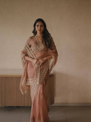 Dusty rose tibby silk thread & sequence embroidered saree with unstitched tibby silk blouse 1