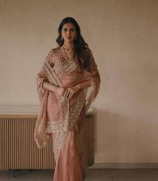 Dusty rose tibby silk thread & sequence embroidered saree with unstitched tibby silk blouse
