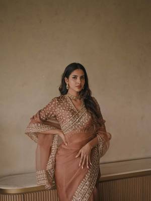 Dusty rose tibby silk thread & sequence embroidered saree with unstitched tibby silk blouse 2