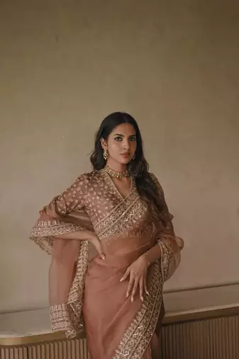 Dusty rose tibby silk thread & sequence embroidered saree with unstitched tibby silk blouse