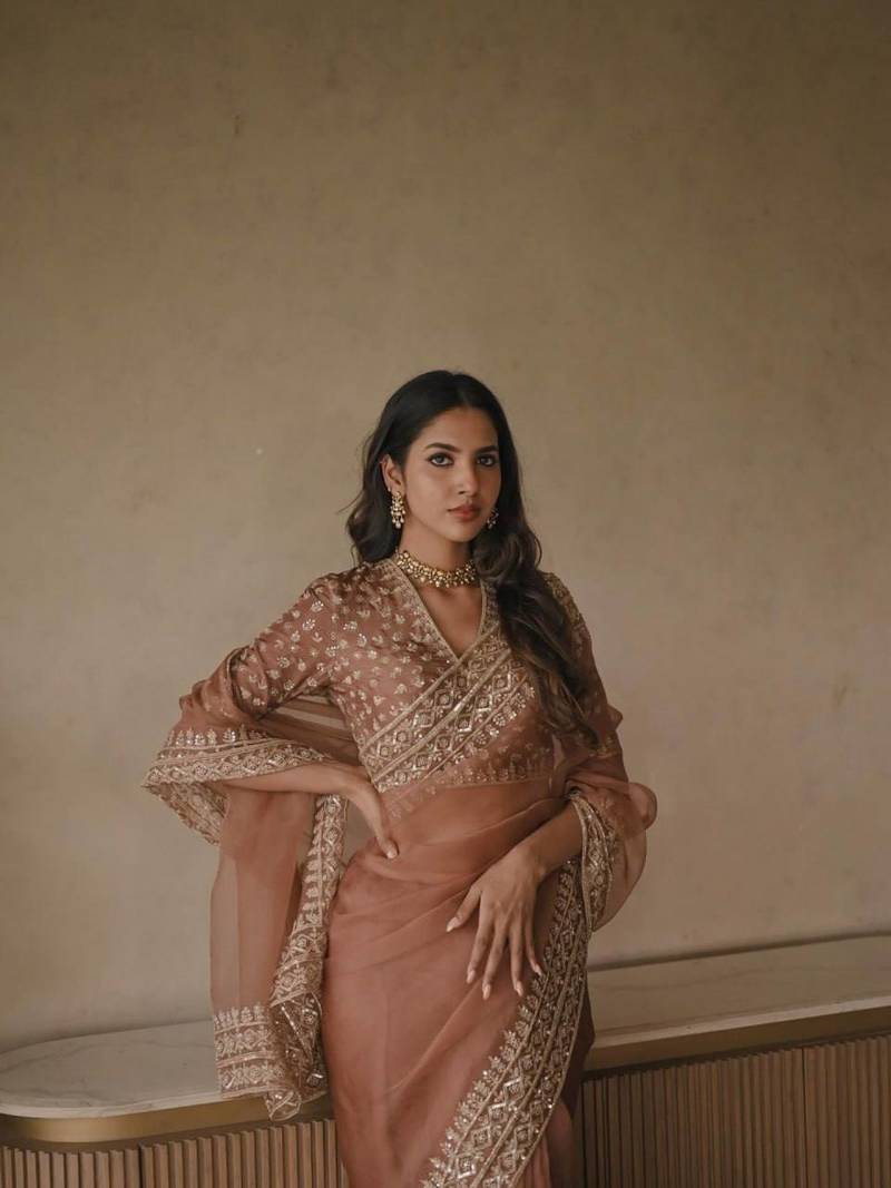 Dusty rose tibby silk thread & sequence embroidered saree with unstitched tibby silk blouse