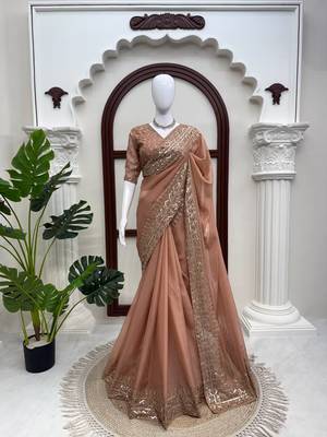 Dusty rose tibby silk thread & sequence embroidered saree with unstitched tibby silk blouse 3