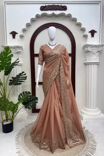 Dusty rose tibby silk thread & sequence embroidered saree with unstitched tibby silk blouse