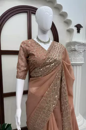 Dusty rose tibby silk thread & sequence embroidered saree with unstitched tibby silk blouse