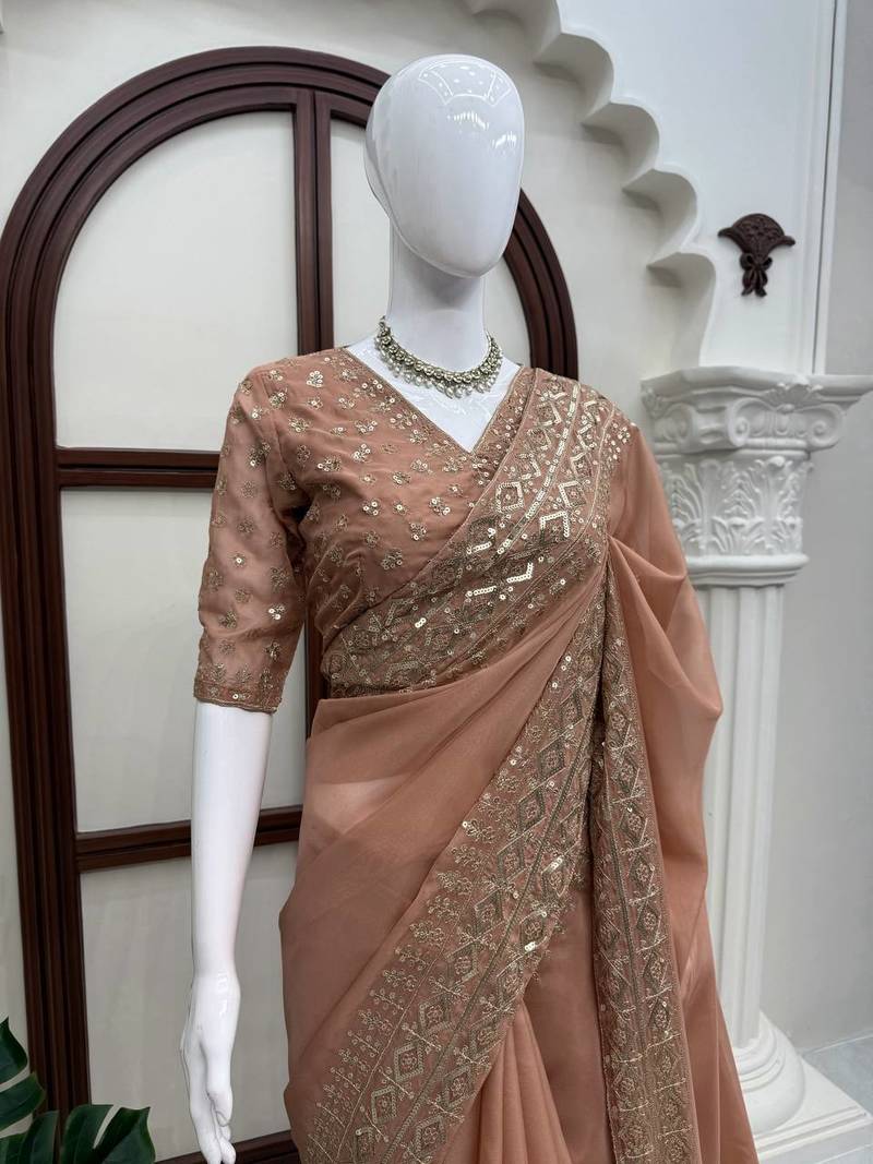 Dusty rose tibby silk thread & sequence embroidered saree with unstitched tibby silk blouse