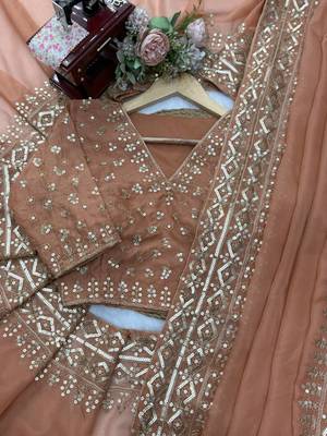 Dusty rose tibby silk thread & sequence embroidered saree with unstitched tibby silk blouse 5