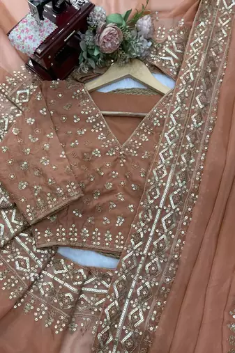 Dusty rose tibby silk thread & sequence embroidered saree with unstitched tibby silk blouse