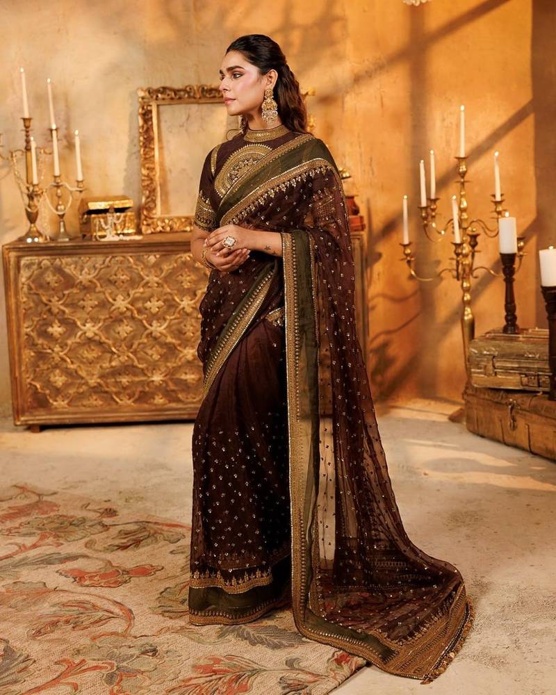 Wine tibby silk thread & sequence embroidered saree with heavy jalpari silk unstitched blouse