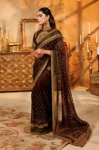Wine tibby silk thread & sequence embroidered saree with heavy jalpari silk unstitched blouse