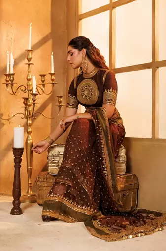 Wine tibby silk blend thread & sequence embroidered saree with heavy jalpari unstitched blouse