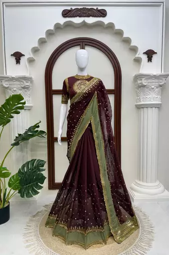 Wine tibby silk thread & sequence embroidered saree with heavy jalpari silk unstitched blouse