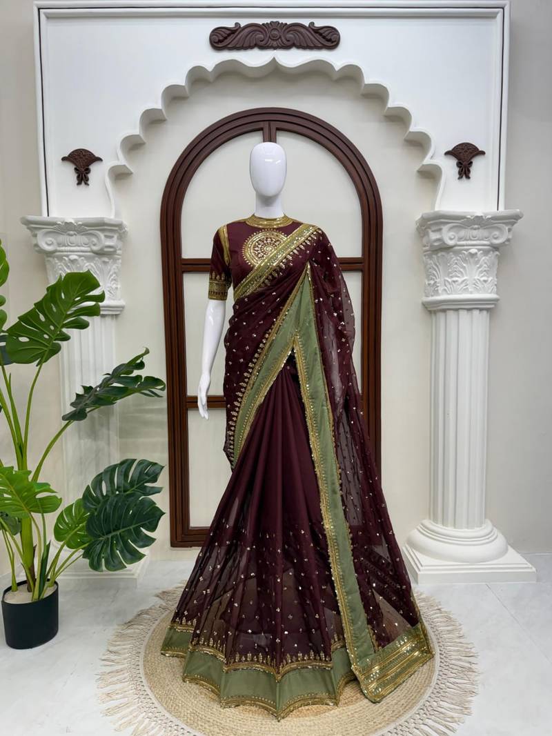 Wine tibby silk thread & sequence embroidered saree with heavy jalpari silk unstitched blouse