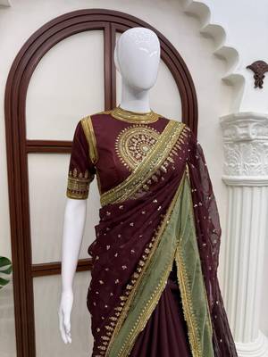 Wine tibby silk thread & sequence embroidered saree with heavy jalpari silk unstitched blouse 4