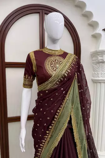 Wine tibby silk thread & sequence embroidered saree with heavy jalpari silk unstitched blouse