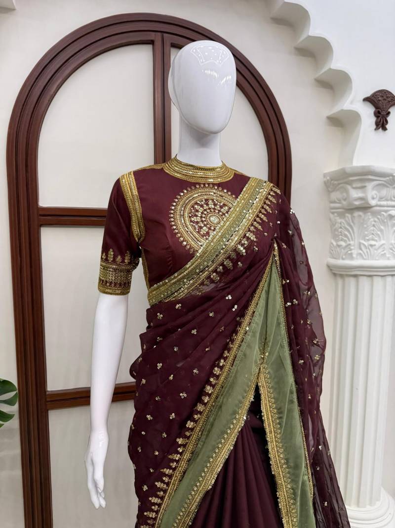 Wine tibby silk thread & sequence embroidered saree with heavy jalpari silk unstitched blouse