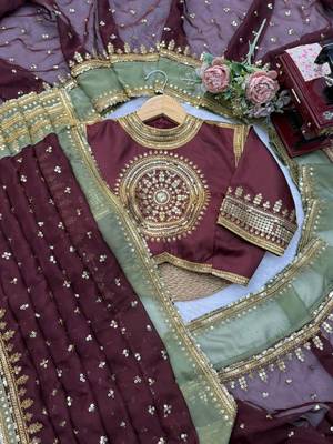 Wine tibby silk thread & sequence embroidered saree with heavy jalpari silk unstitched blouse 5