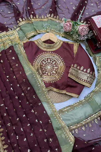 Wine tibby silk thread & sequence embroidered saree with heavy jalpari silk unstitched blouse