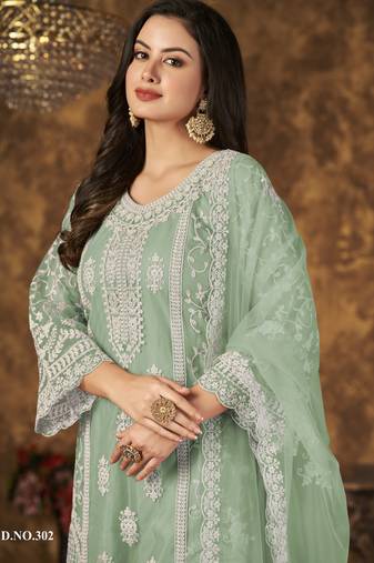 Refreshing Sage Green Heavy Cording Work Net Salwar Suit