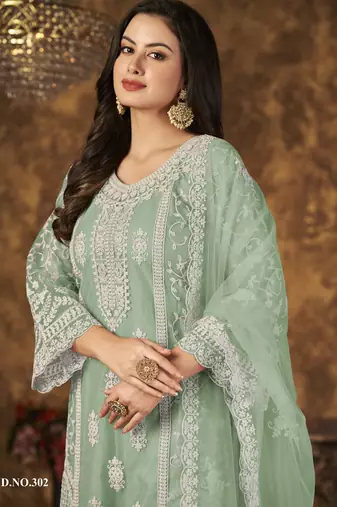 Refreshing Sage Green Heavy Cording Work Net Salwar Suit