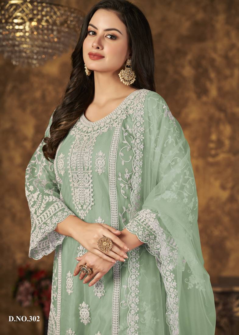Refreshing Sage Green Heavy Cording Work Net Salwar Suit