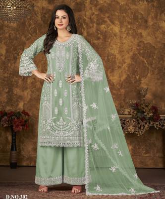 Refreshing Sage Green Heavy Cording Work Net Salwar Suit 2