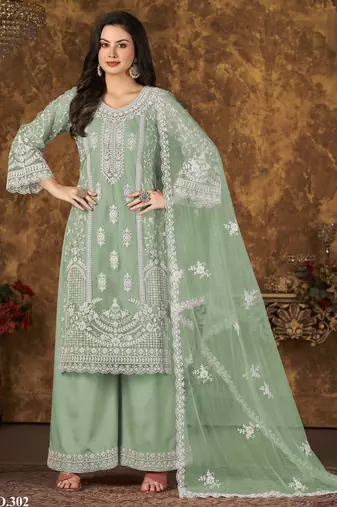 Refreshing Sage Green Heavy Cording Work Net Salwar Suit