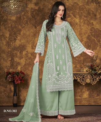 Refreshing Sage Green Heavy Cording Work Net Salwar Suit 3