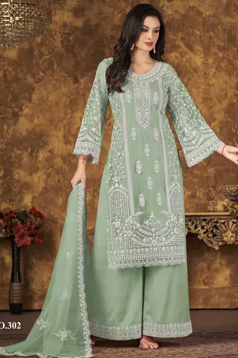 Refreshing Sage Green Heavy Cording Work Net Salwar Suit