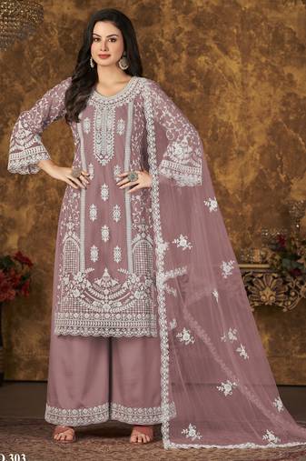 Enchanting Mauve Heavy Cording Work Net Salwar Suit