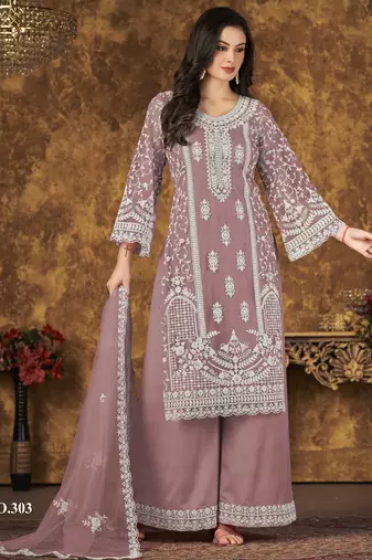 Enchanting Mauve Heavy Cording Work Net Salwar Suit