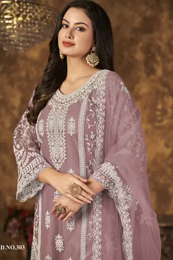Enchanting Mauve Heavy Cording Work Net Salwar Suit