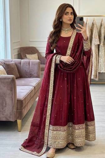 maroon color embroidery sequin work satin silk blend gown set