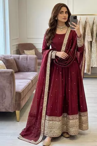 maroon color embroidery sequin work satin silk blend gown set