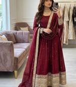 maroon color embroidery sequin work satin silk blend gown set
