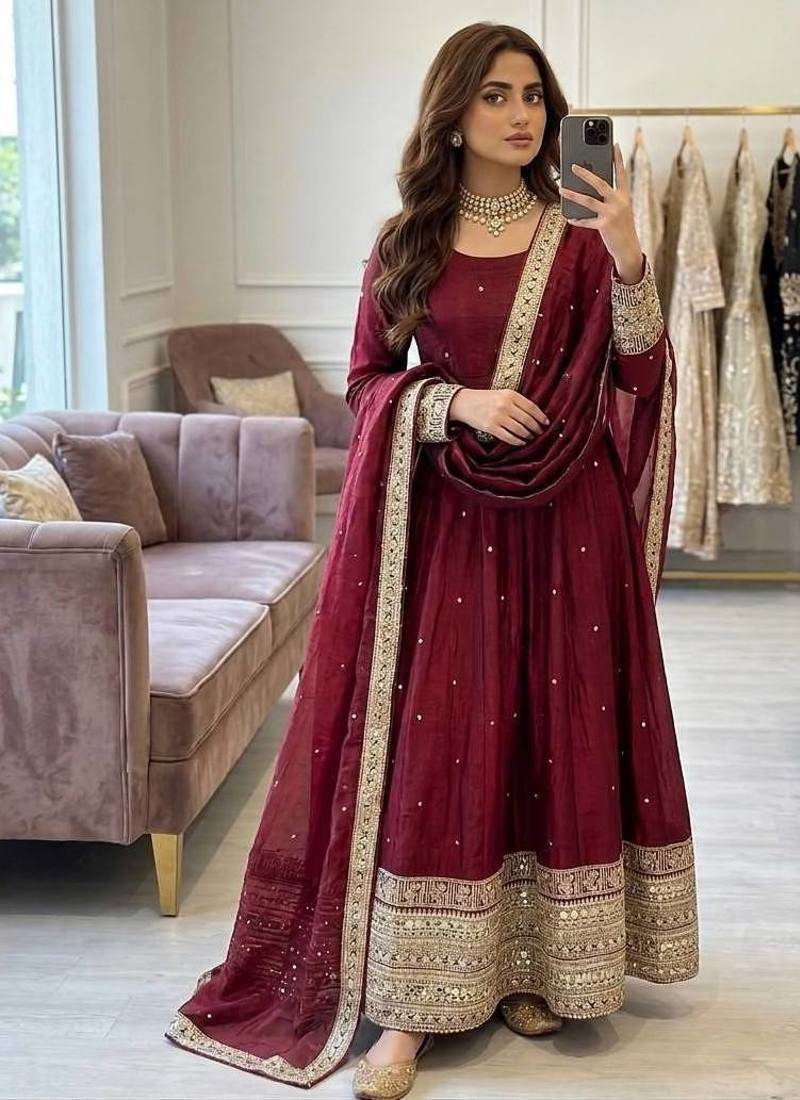 maroon color embroidery sequin work satin silk blend gown set