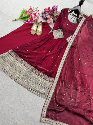 maroon color embroidery sequin work satin silk blend gown set 2
