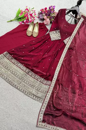 maroon color embroidery sequin work satin silk blend gown set