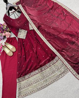 maroon color embroidery sequin work satin silk blend gown set 3